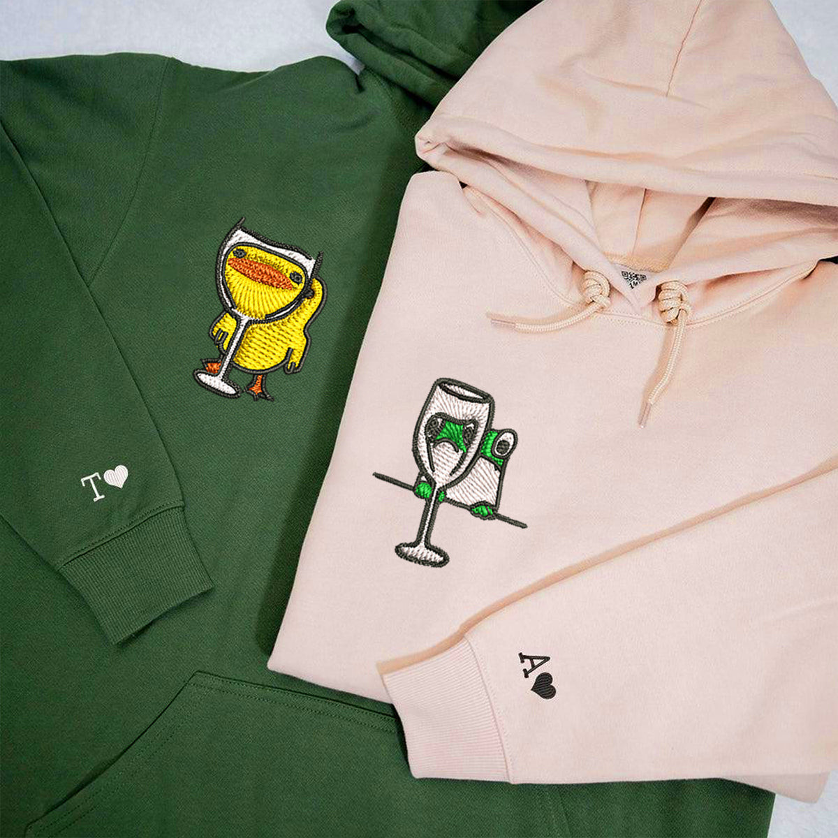 Custom Embroidered Frog and Duck Drinking Matching Hoodies for Couples, Personalized Couple Sweatshirt, Couple Embroidered Sweatshirt, Valentine's Day Gifts Idea For Him Her-cartiiva