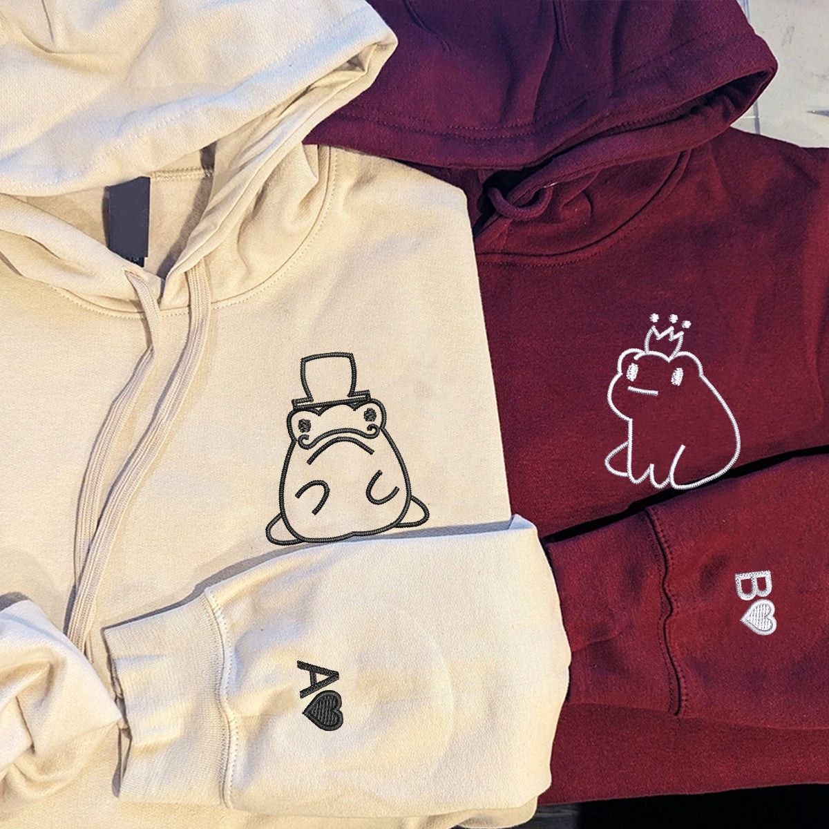 Custom Embroidered Frog King and Queen Matching Hoodies for Couples, Personalized Couple Sweatshirt, Couple Embroidered Sweatshirt, Valentine's Day Gifts Idea For Him Her-cartiiva