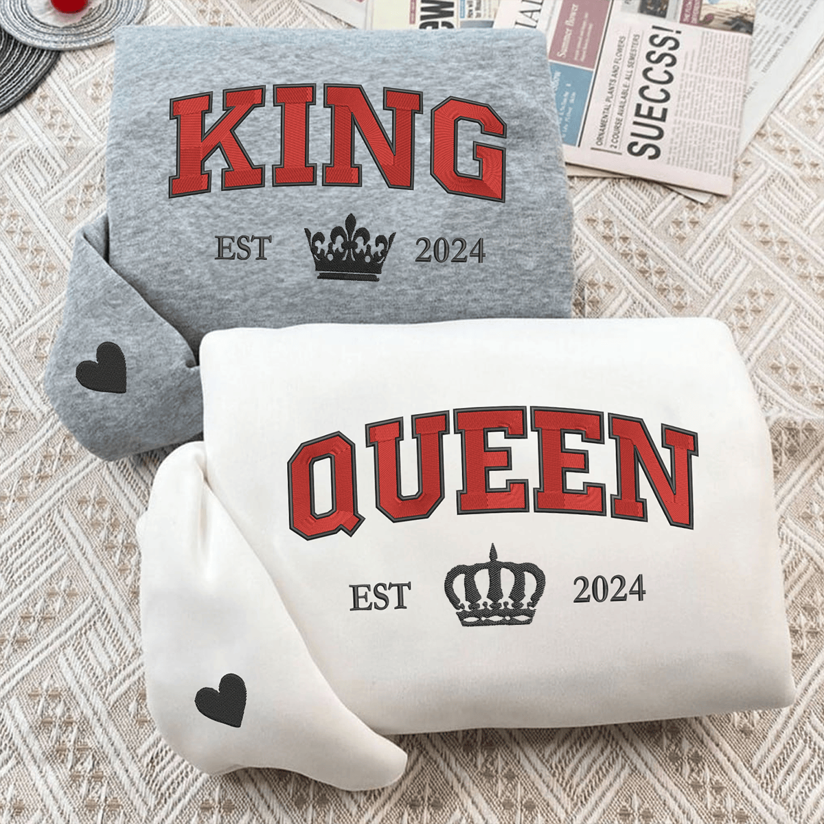 Custom Embroidered King and Queen Custom with Est Year Matching Hoodies for Couples, Personalized Couple Sweatshirt, Couple Embroidered Sweatshirt, Valentine's Day Gifts Idea For Him Her-cartiiva