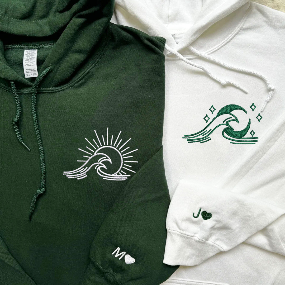 Custom Embroidered Sea Wave Sun And Moon Matching Hoodies for Couples, Personalized Couple Sweatshirt, Couple Embroidered Sweatshirt, Valentine's Day Gifts Idea For Him Her cartiiva