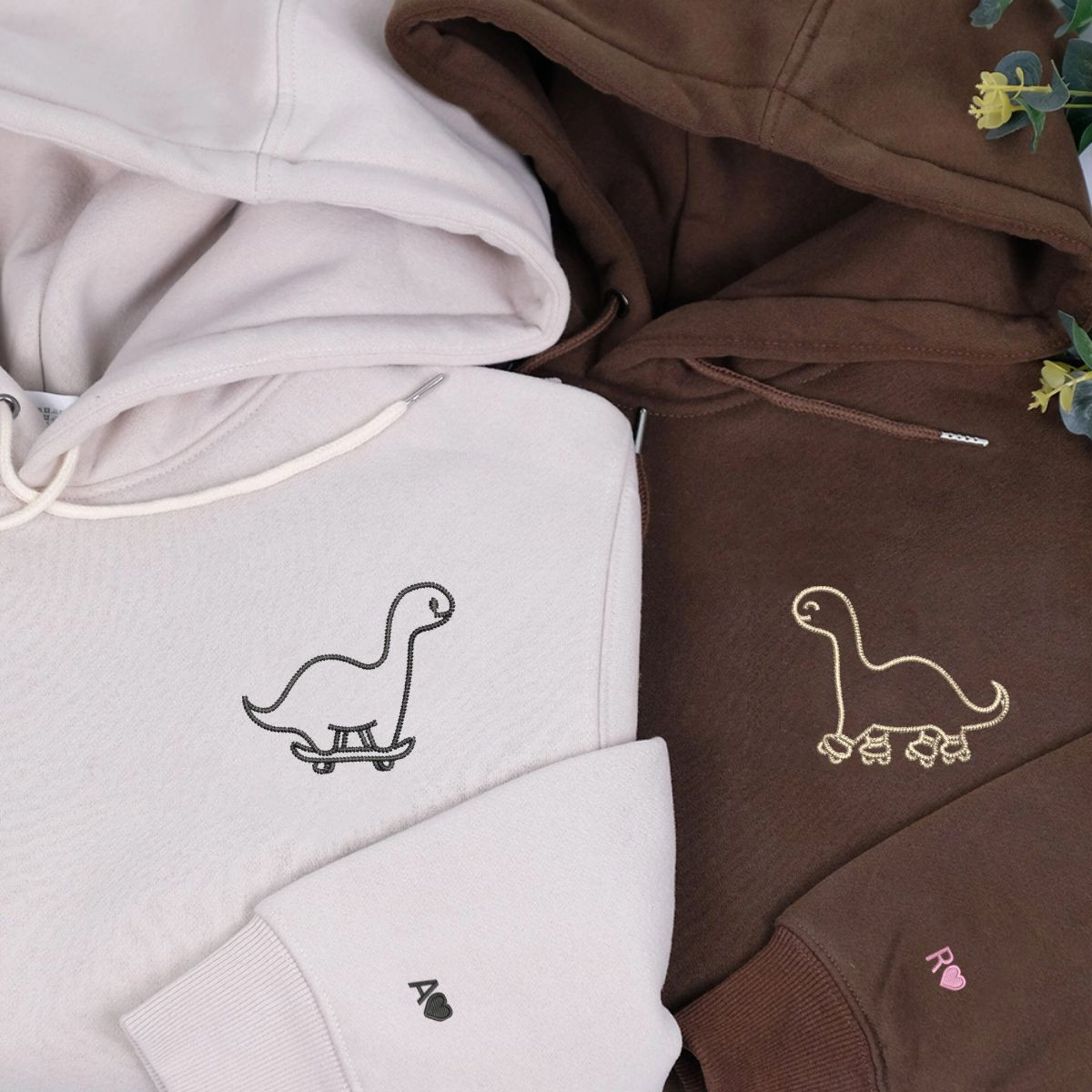 Custom Embroidered Skater Dino Matching Hoodies for Couples, Personalized Couple Sweatshirt, Couple Embroidered Sweatshirt, Valentine's Day Gifts Idea For Him Her cartiiva