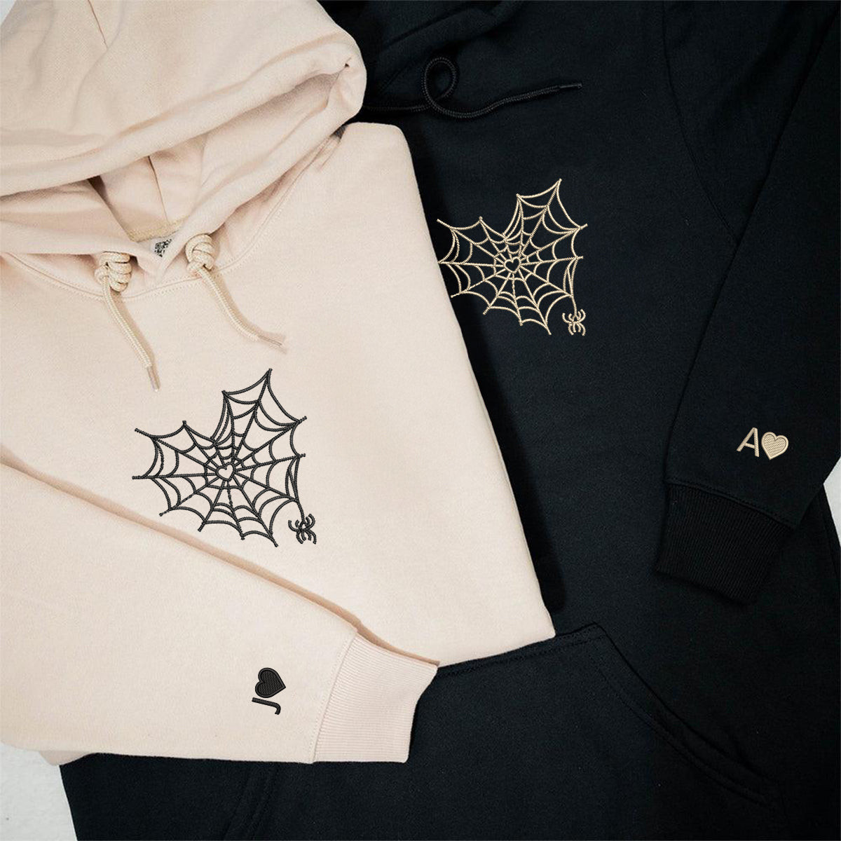 Custom Embroidered Spider Web Heart Matching Hoodies for Couples, Personalized Couple Sweatshirt, Couple Embroidered Sweatshirt, Valentine's Day Gifts Idea For Him Her cartiiva