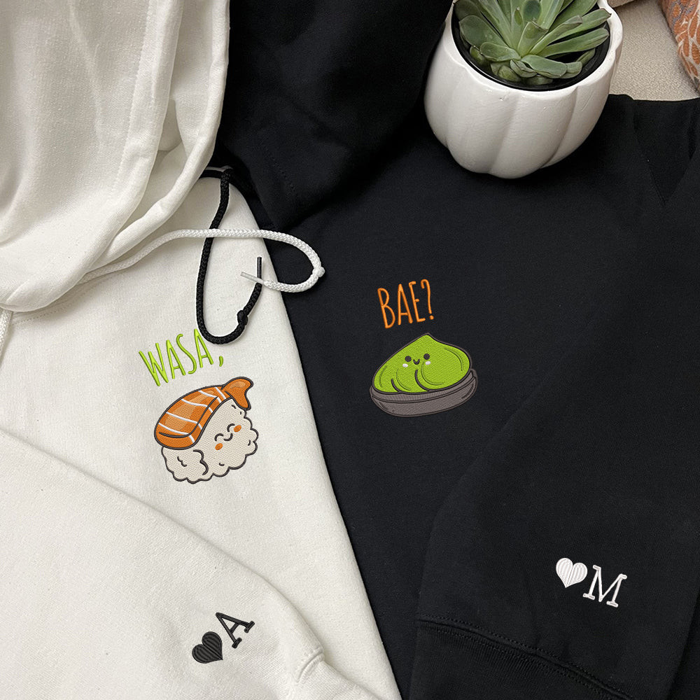 Funny Wasa-Bae Matching Custom Embroidered Matching Hoodies For Couples, Personalized Couple Sweatshirt, Couple Embroidered Sweatshirt, Valentine's Day Gifts Idea For Him Her cartiiva