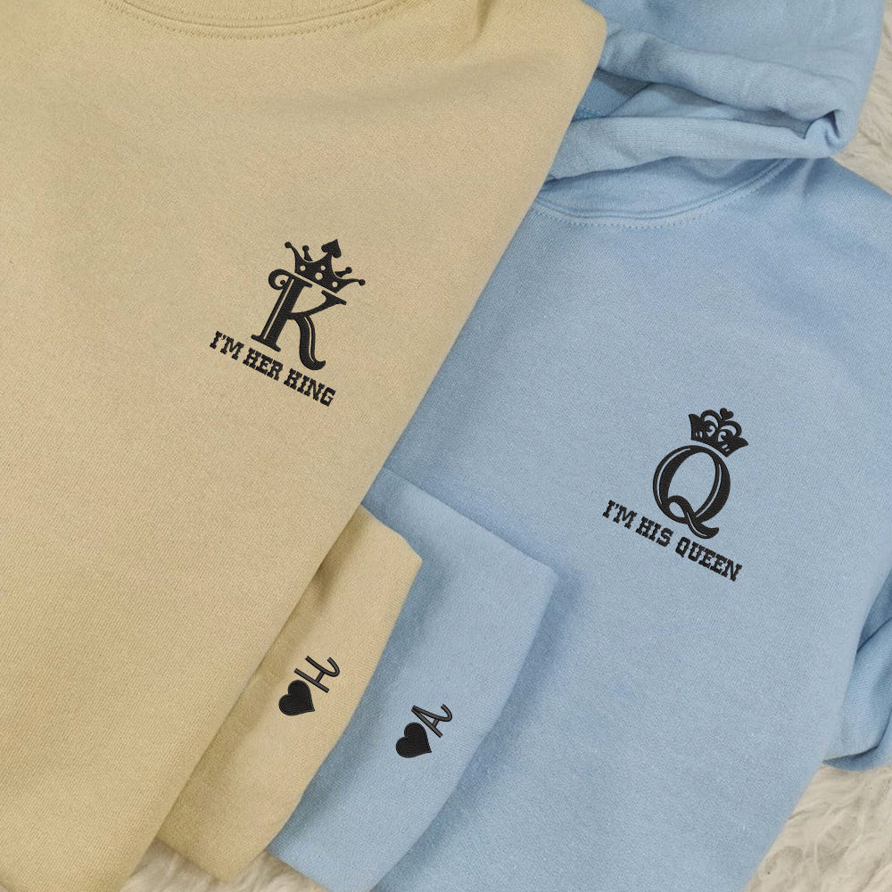 His King x Her King Custom Embroidered Matching Hoodies For Couples, Personalized Couple Sweatshirt, Couple Embroidered Sweatshirt, Valentine's Day Gifts Idea For Him Her-cartiiva